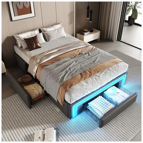 Letto A Doghe In Metallo 90x200cm, Con Luce Led E Cassetti, Senza Testata, Per Camere Da Letto, Pelle Pu, Grigio, Senza Materasso - Foto 1