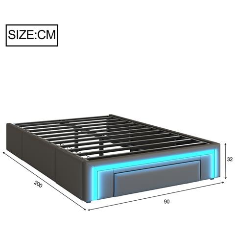 Letto A Doghe In Metallo 90x200cm, Con Luce Led E Cassetti, Senza Testata, Per Camere Da Letto, Pelle Pu, Grigio, Senza Materasso - Foto 4