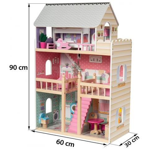 Mamabrum Casa Delle Bambole In Legno Con Illuminazione A Led Grande Casa Delle Bambole Con 3 Piani E Terrazza Mobili E Accessori Inclusi Vernice Ecologica Giocattoli Per Bambini Da 3 Anni