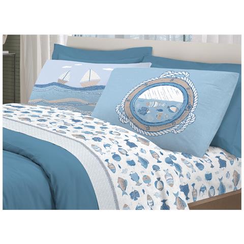 Completo Lenzuola Letto Pensieri Delicati 100% Cotone Disegno Oceano Singolo Bianco - Foto 1