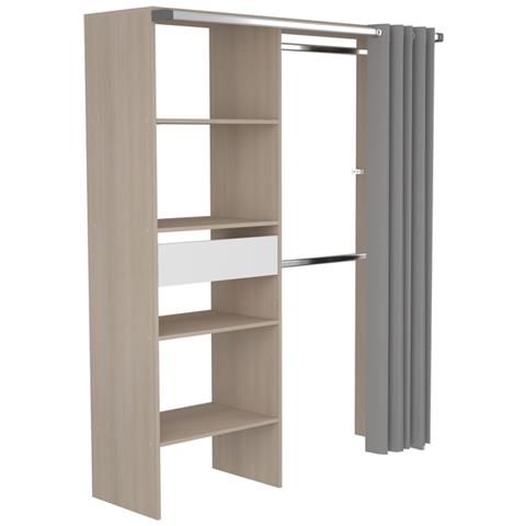 Bali Spogliatoio Con Tenda, 4 Ripiani, 2 Armadi E Un Cassetto In Legno E Bianco - Foto 2