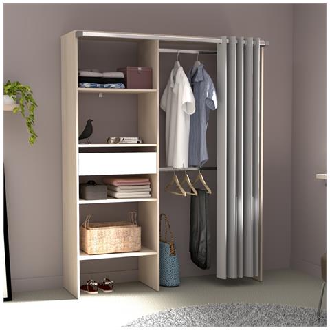 Bali Spogliatoio Con Tenda, 4 Ripiani, 2 Armadi E Un Cassetto In Legno E Bianco - Foto 1