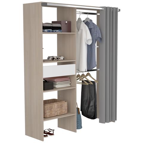 Bali Spogliatoio Con Tenda, 4 Ripiani, 2 Armadi E Un Cassetto In Legno E Bianco - Foto 4