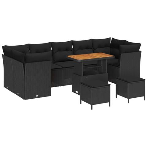 Set di Sofà da Giardino con 10 Pezzi e Cuscini Nero Polyrattan Acacia, Set da Pranzo da Giardino con 3 Pezzi e Cuscini Nero Polyrattan Acacia - Foto 1