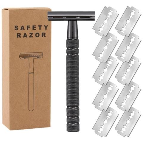 Rasoio Di Sicurezza Manuale A Doppio Bordo Con 10 Lame - Acciaio Inossidabile Rivestito In Platino Black - Foto 1