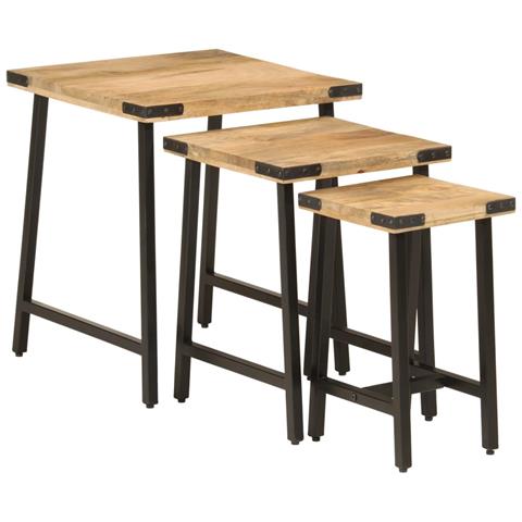 Tavolini A Incastro 3 Pz In Legno Massello Di Mango E Ferro - Foto 2