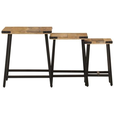 Tavolini A Incastro 3 Pz In Legno Massello Di Mango E Ferro - Foto 3