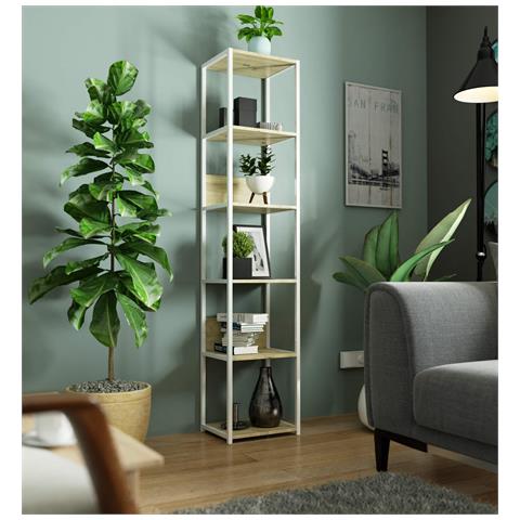 Scaffale stile loft con ripiani in legno, 6 ripiani, 40x32x192 cm, Colore Bianco e Quarcia Artisan - Foto 5