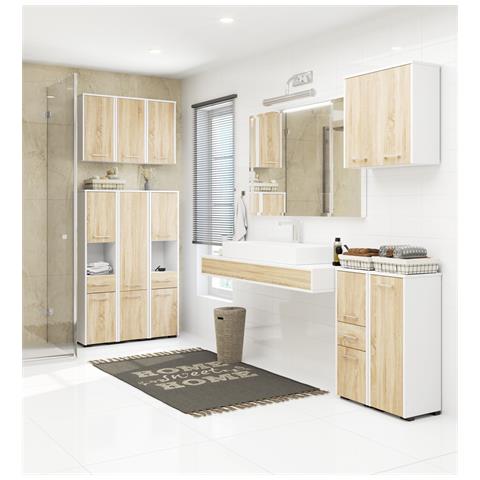 Mobile da Bagno sospeso FIN, 2 ante, 60x22,5x60 cm, Colore Bianco e Sonoma Quercia - Foto 5