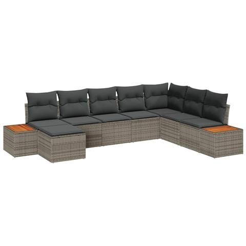 Set di divani da giardino da 8 pezzi con cuscini grigi in polyrattan e acacia - Foto 1