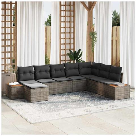 Set di divani da giardino da 8 pezzi con cuscini grigi in polyrattan e acacia - Foto 2