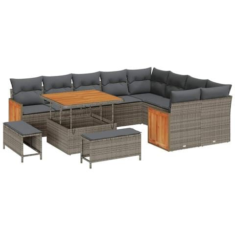 Set di Sofà da Giardino con Cuscini  12 Pezzi Grigio Rattan Poliacacia, Set da Pranzo da Giardino  3 Pezzi con Cuscini Grigio Rattan Poliacacia - Foto 1