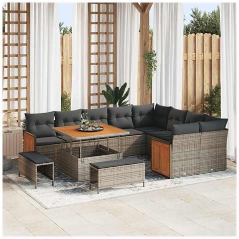 Set di Sofà da Giardino con Cuscini  12 Pezzi Grigio Rattan Poliacacia, Set da Pranzo da Giardino  3 Pezzi con Cuscini Grigio Rattan Poliacacia - Foto 2