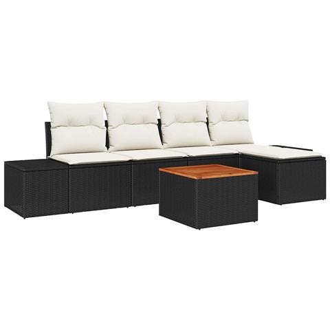 Set Divano da Giardino 6 Pezzi con Cuscini Nero Polyrattan Acacia - Foto 1