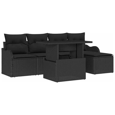 Set divano giardino 6 pezzi con cuscini neri in polirattan, Divano giardino 2 posti con storage e cuscini neri in polirattan - Foto 1