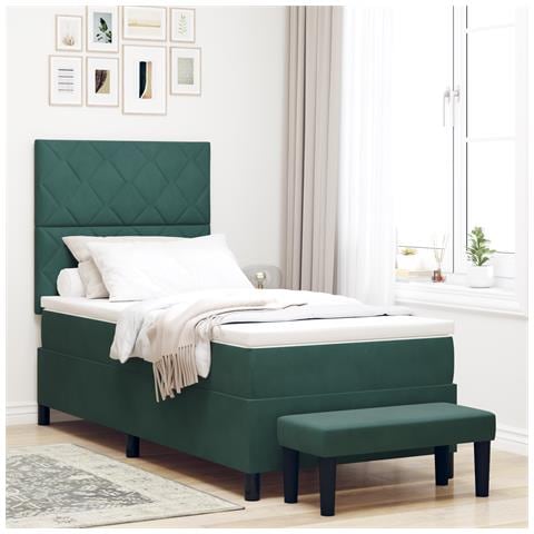Letto a Molla con Materasso e Panca Verde Scuro 90x190 cm in Velluto - Foto 2