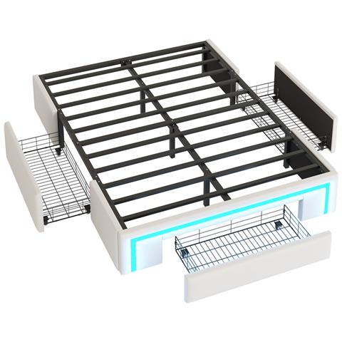 Letto A Doghe In Metallo 140x200cm, Con Luce Led E Cassetti, Senza Testata, Per Camere Da Letto, Pelle Pu, Beige, Senza Materasso - Foto 2