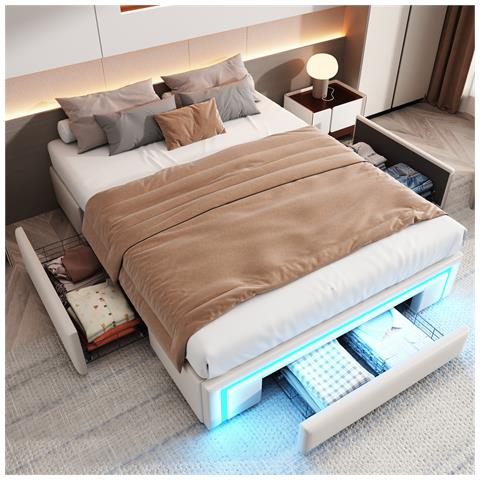 Letto A Doghe In Metallo 140x200cm, Con Luce Led E Cassetti, Senza Testata, Per Camere Da Letto, Pelle Pu, Beige, Senza Materasso - Foto 1