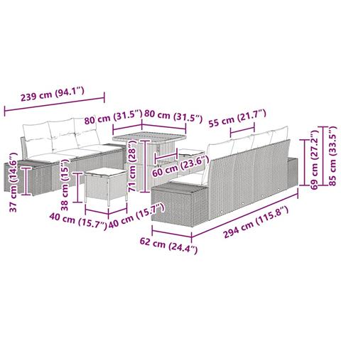Set Divano da Giardino con cuscino 10 pcs Grigio Poly Rattan - Foto 9