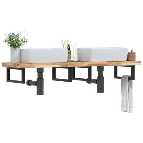 Ripiano a Parete per Lavabo in Acciaio e Massello di Acacia - Foto 2