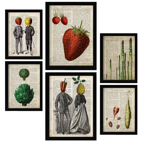 Set Di 6 Stampe Poster In Stile Cartaceo Vintage Da Cucina Con Sfondi Enciclopedici, Frutta E Verdura, Stile Di Vita Sano A3 & A4 Cornice Nera - Foto 1