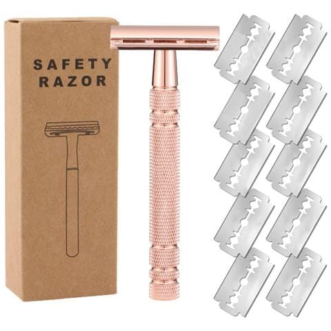 Rasoio Di Sicurezza Manuale A Doppio Bordo Con 10 Lame - Acciaio Inossidabile Rivestito In Platino Pinkgold - Foto 1