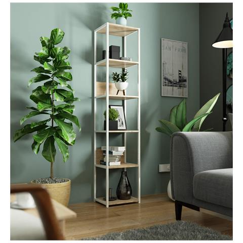 Scaffale stile loft con ripiani in legno, 6 ripiani, 40x32x192 cm, Colore Bianco e Sonoma Quercia - Foto 5