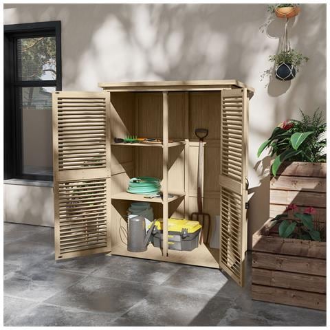 Armadio Da Esterno Portaoggetti A 2 Ripiani Con Picchetti, In Legno Di Abete, 127x65x159.5/168 Cm - Foto 2