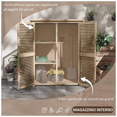Armadio Da Esterno Portaoggetti A 2 Ripiani Con Picchetti, In Legno Di Abete, 127x65x159.5/168 Cm - Foto 6