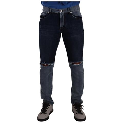 Jeans Slim In Denim Di Cotone Stracciato Bicolore Blu - It48 - M - Foto 1