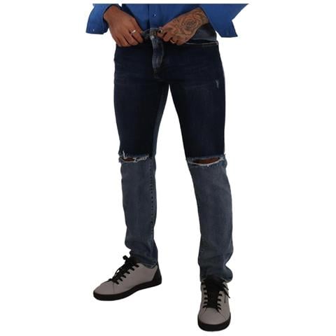 Jeans Slim In Denim Di Cotone Stracciato Bicolore Blu - It48 - M - Foto 4