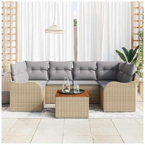 Set di Sofà da Giardino con Cuscini  7 Pezzi Beige Polyrattan Acacia, Sofà da Giardino a Due Posti con Cuscini  Beige Polyrattan - Foto 2