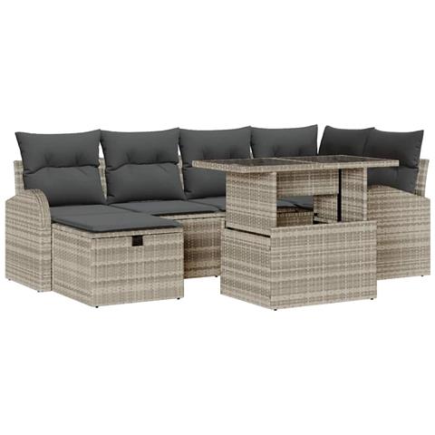 Set Divano da Giardino  7 Pezzi con Cuscini Grigio Chiaro Polyrattan, Divano da Giardino 2 Posti  con Stoccaggio e Cuscini Grigio Chiaro Polyrattan - Foto 1