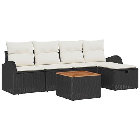 Set Divano Giardino  6 Pezzi con Cuscini Nero Polyrattan, Divano Giardino 2 Posti  con Ripostiglio e Cuscini Nero Polyrattan - Foto 1