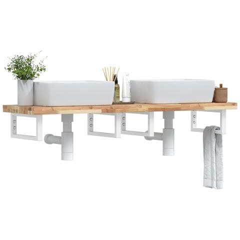 Ripiano a Parete per Lavabo in Acciaio e Massello di Acacia - Foto 2