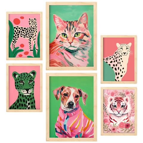 Set Di 6 Stampe Animali Domestici Rosa Nella Cameretta Dei Bambini: Dipinti Decorativi Estetici Per Il Soggiorno, La Camera Da Letto E La Casa A3 & A4 Telaio In Legno Chiaro - Foto 1