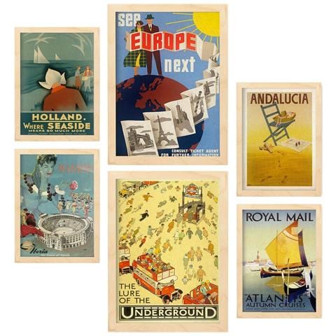 Set Di 6 Stampe Europa Illustrazioni A Colori Di Cartelloni Pubblicitari Turistici D'epoca Provenienti Da Tutto Il Mondo A3 & A4 Telaio In Legno Chiaro - Foto 1