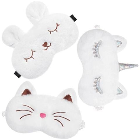 Set Di 3 Mascherine Per Dormire In Peluche - Design Coniglio, Unicorno E Gatto Per Uso Domestico White - Foto 1