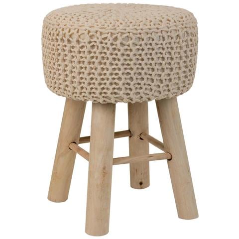 Sgabello In Cotone Intrecciato E Legno Marrone 32x32x44h - Foto 1