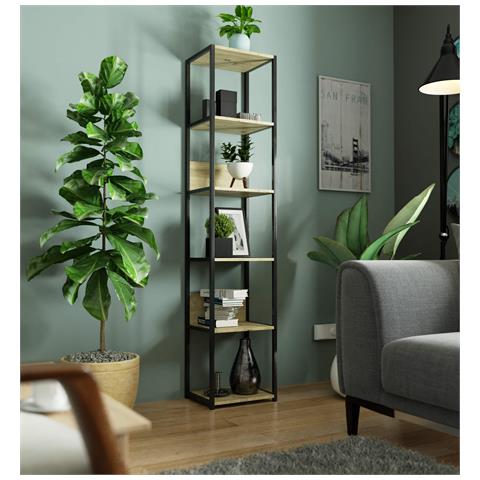 Scaffale stile loft con ripiani in legno, 6 ripiani, 40x32x192 cm, Colore Nero e Quarcia Artisan - Foto 5