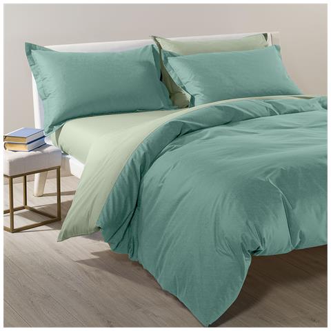 Completo Copripiumino Bicolor In Cotone Colore Verde Misura Matrimoniale - Foto 2