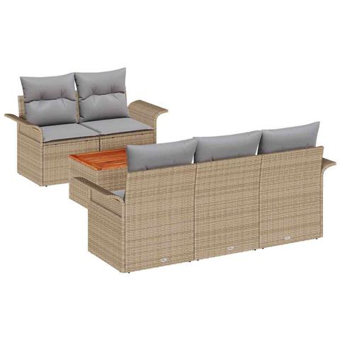 Set Divano Giardino  6 Pezzi Cuscini Beige Polyrattan Acacia, Divano Giardino  Due Posti Ripostiglio Cuscini Beige Polyrattan - Foto 1