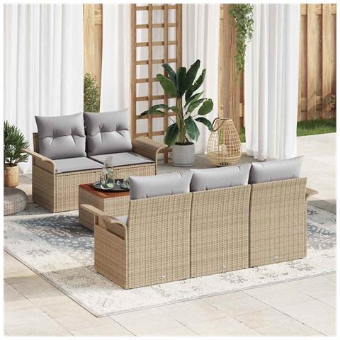 Set Divano Giardino  6 Pezzi Cuscini Beige Polyrattan Acacia, Divano Giardino  Due Posti Ripostiglio Cuscini Beige Polyrattan - Foto 2