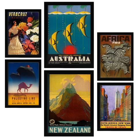 Set Di 6 Stampe Da Nord A Sud Illustrazioni A Colori Di Cartelloni Turistici D'epoca Provenienti Da Tutto Il Mondo A3 & A4 Cornice Nera - Foto 1