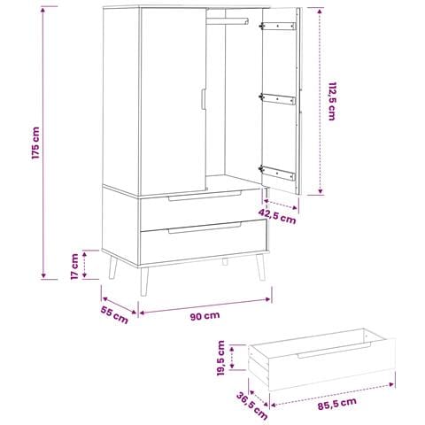 Guardaroba MOLDE Nero 90 x 55 x 175 cm Legno Massello di Pino - Foto 8