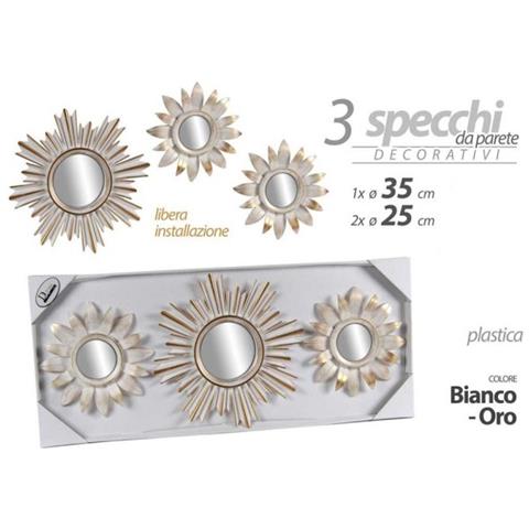 Trade Shop - Set 3 Pz Specchi Parete Bianco Oro 25/35 Cm Plastica Libera Installazione 823909 - Foto 1