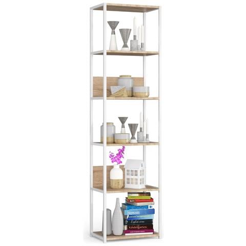Scaffale stile loft con ripiani in legno, 6 ripiani, 50x32x192 cm, Colore Bianco e Sonoma Quercia - Foto 1