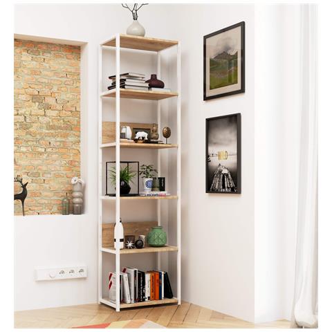 Scaffale stile loft con ripiani in legno, 6 ripiani, 50x32x192 cm, Colore Bianco e Sonoma Quercia - Foto 5
