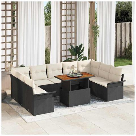 Set da pranzo da giardino 10 pezzi con cuscini neri in rattan poli acacia - Foto 2