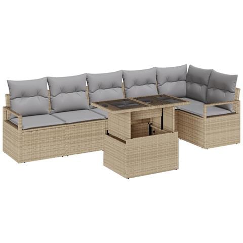 Set Divano da Giardino  7 Pezzi con Cuscini Beige Polirattan, Divano da Giardino  2 Posti con Cuscini Beige Polirattan - Foto 1